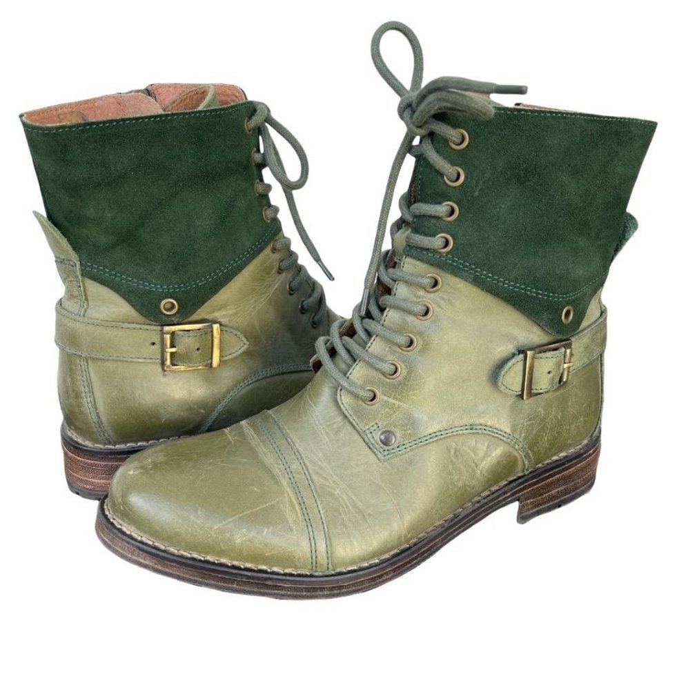 Eric Michael Soft Leather & Suede Lace Up Boots Olive Green Size 8.5